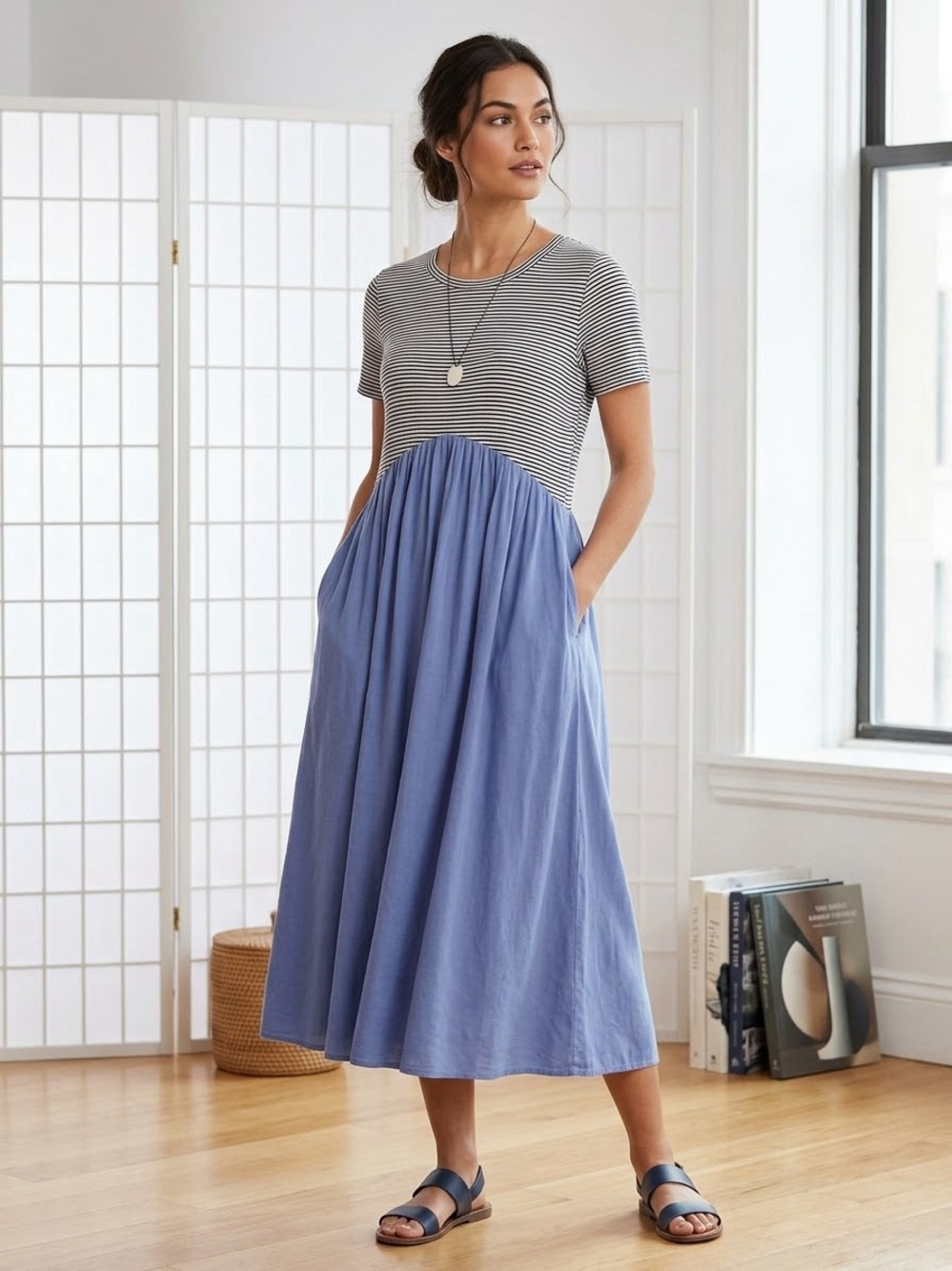 Flamingo Urban Striped Knit Bodice Blue Midi Dress